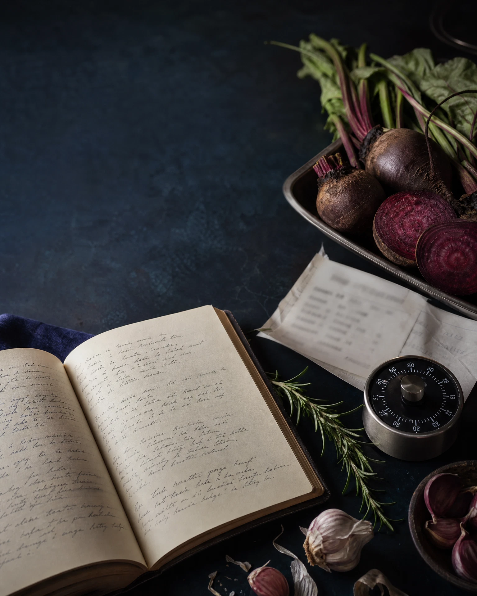 Cuaderno junto a ingredientes dispuestos para mise en place.